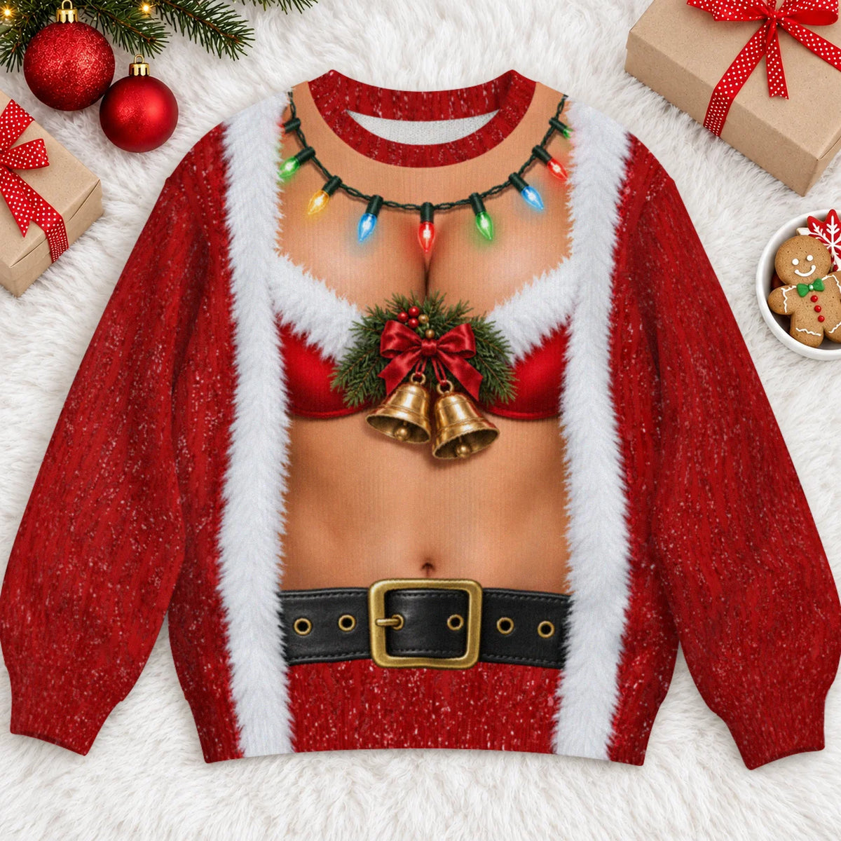 Sweat-shirt à illusion 3D Père Noël drôle en bikini avec manteau, grelots dorés et guirlandes lumineuses – Cadeau de fête de Noël pour hommes et femmes