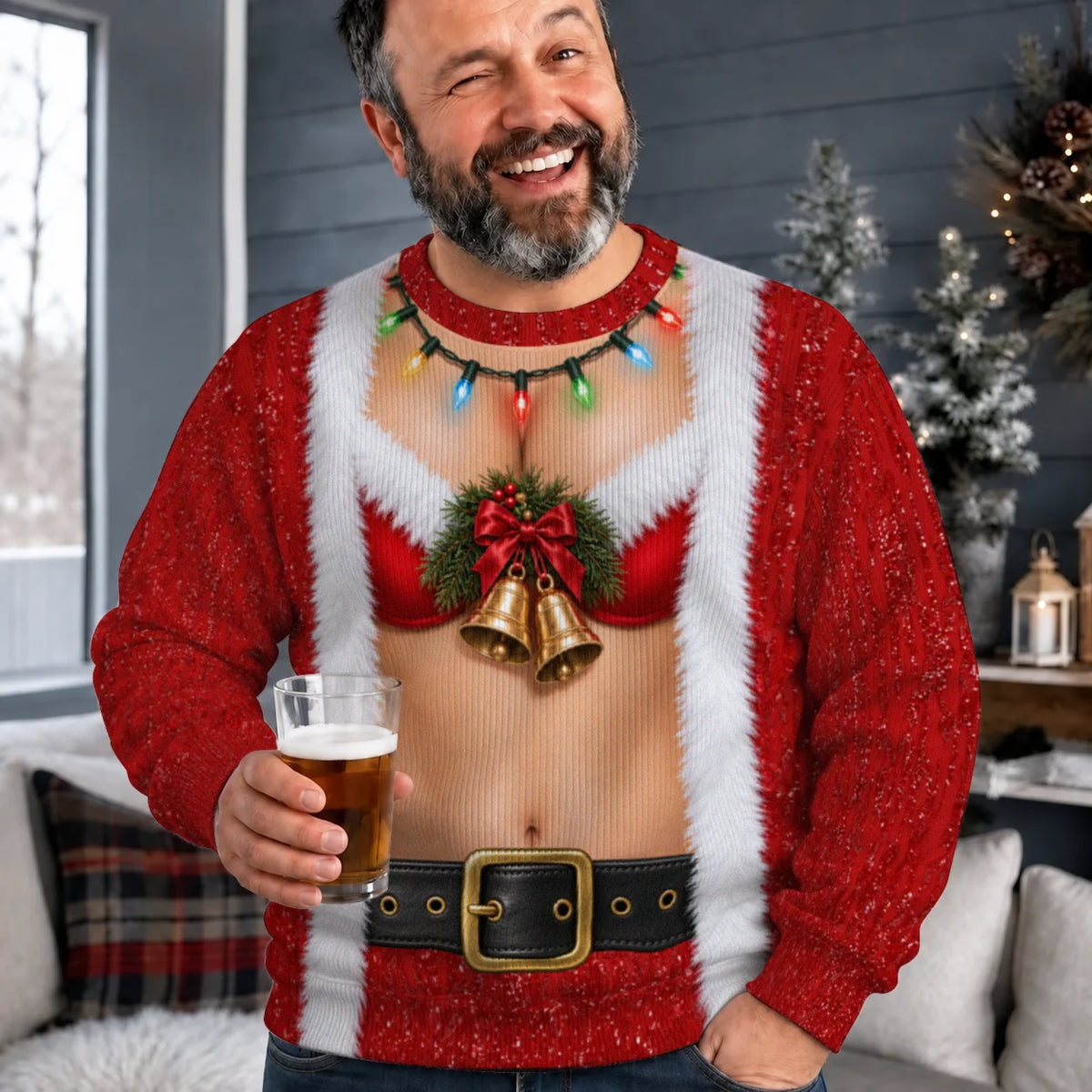 Sweat-shirt à illusion 3D Père Noël drôle en bikini avec manteau, grelots dorés et guirlandes lumineuses – Cadeau de fête de Noël pour hommes et femmes