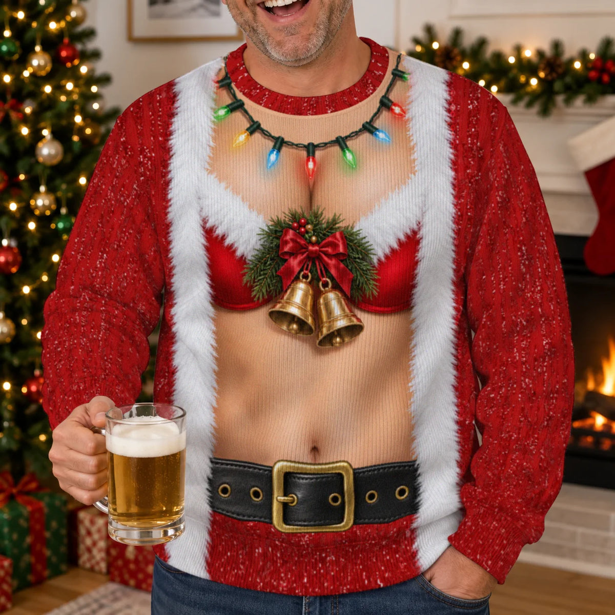 Sweat-shirt à illusion 3D Père Noël drôle en bikini avec manteau, grelots dorés et guirlandes lumineuses – Cadeau de fête de Noël pour hommes et femmes