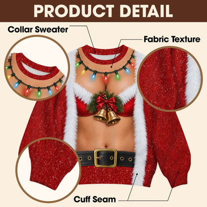Sweat-shirt à illusion 3D Père Noël drôle en bikini avec manteau, grelots dorés et guirlandes lumineuses – Cadeau de fête de Noël pour hommes et femmes