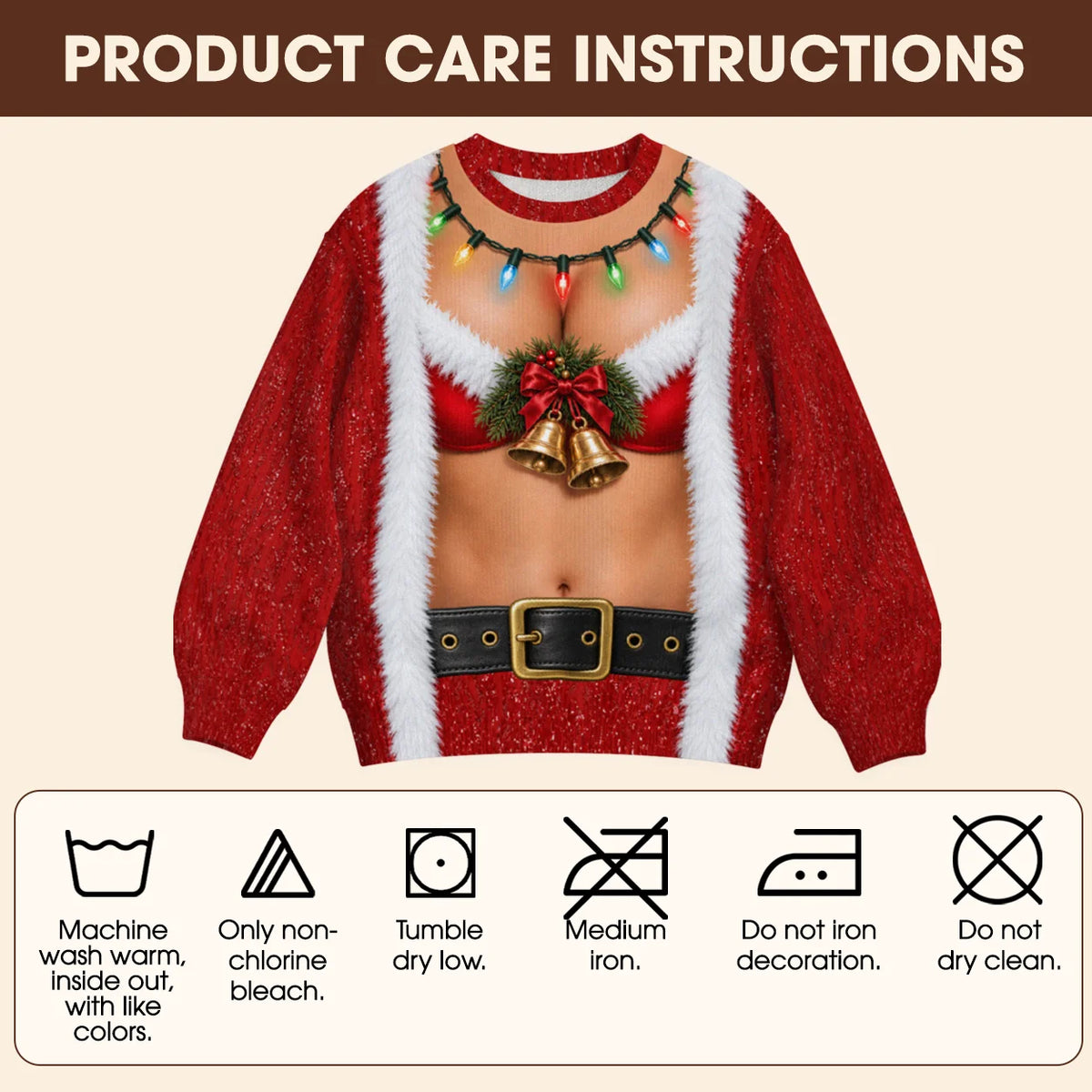 Sweat-shirt à illusion 3D Père Noël drôle en bikini avec manteau, grelots dorés et guirlandes lumineuses – Cadeau de fête de Noël pour hommes et femmes