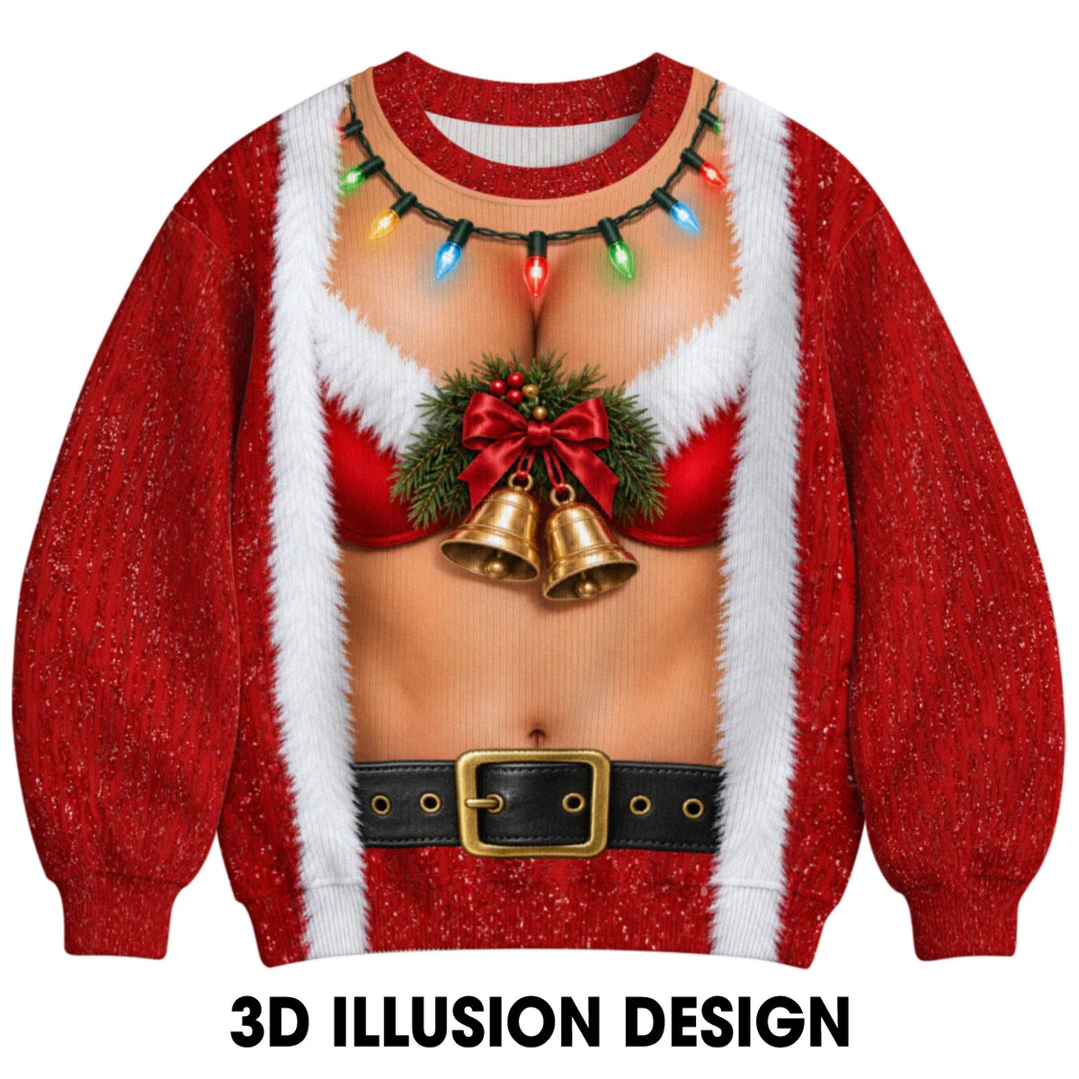 Sweat-shirt à illusion 3D Père Noël drôle en bikini avec manteau, grelots dorés et guirlandes lumineuses – Cadeau de fête de Noël pour hommes et femmes
