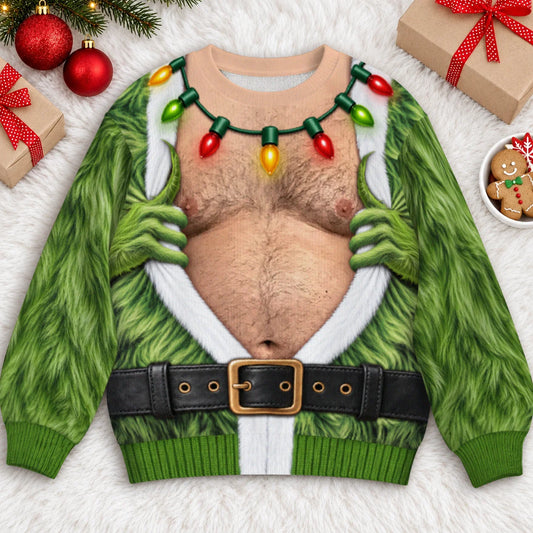 Green Monster Hands Ugly Christmas Sweater – Funny 3D Illusion Hairy Chest Sweatshirt for Men & Women