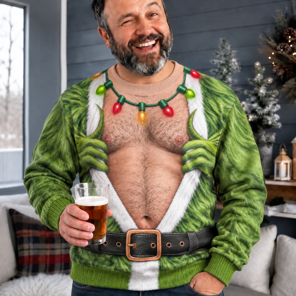 Green Monster Hands Ugly Christmas Sweater – Funny 3D Illusion Hairy Chest Sweatshirt for Men & Women