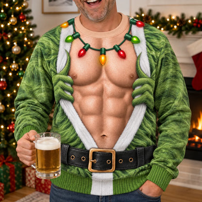 Green Monster Hands Ugly Christmas Sweater – Funny 3D Illusion Hairy Chest Sweatshirt for Men & Women