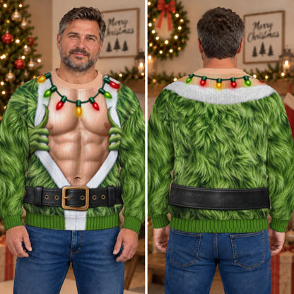 Green Monster Hands Ugly Christmas Sweater – Funny 3D Illusion Hairy Chest Sweatshirt for Men & Women