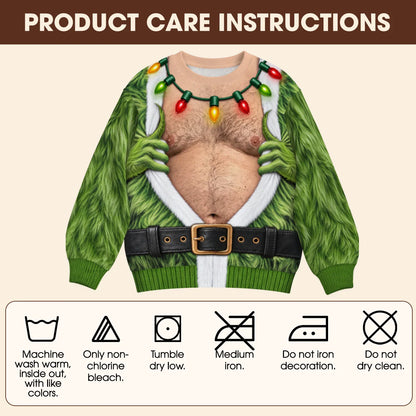 Green Monster Hands Ugly Christmas Sweater – Funny 3D Illusion Hairy Chest Sweatshirt for Men & Women
