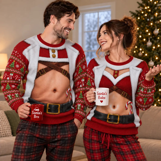 Santa Harness Abs Ugly Christmas Sweater – Funny 3D Illusion Matching Couple Sweatshirt for Men & Women