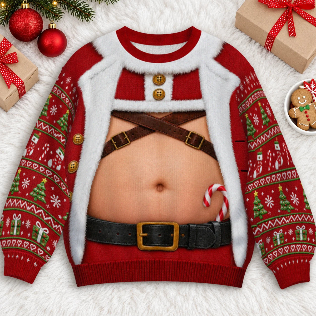 Santa Harness Abs Ugly Christmas Sweater – Funny 3D Illusion Matching Couple Sweatshirt for Men & Women