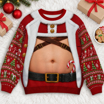 Santa Harness Abs Ugly Christmas Sweater – Funny 3D Illusion Matching Couple Sweatshirt for Men & Women