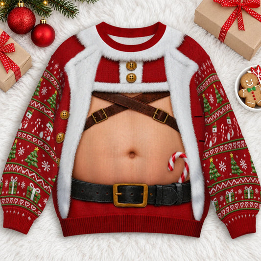 Santa Harness Abs Ugly Christmas Sweater – Funny 3D Illusion Matching Couple Sweatshirt for Men & Women