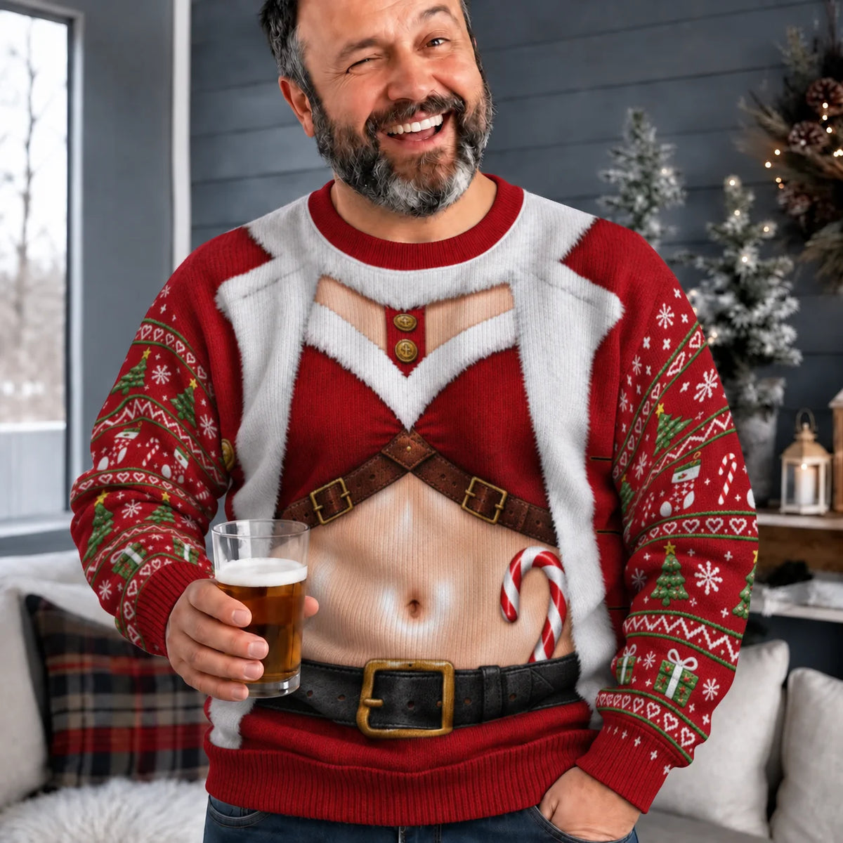 Santa Harness Abs Ugly Christmas Sweater – Funny 3D Illusion Matching Couple Sweatshirt for Men & Women