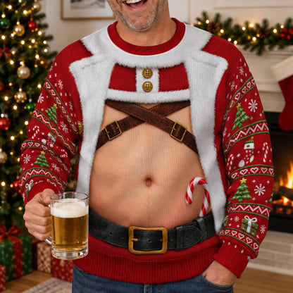 Santa Harness Abs Ugly Christmas Sweater – Funny 3D Illusion Matching Couple Sweatshirt for Men & Women