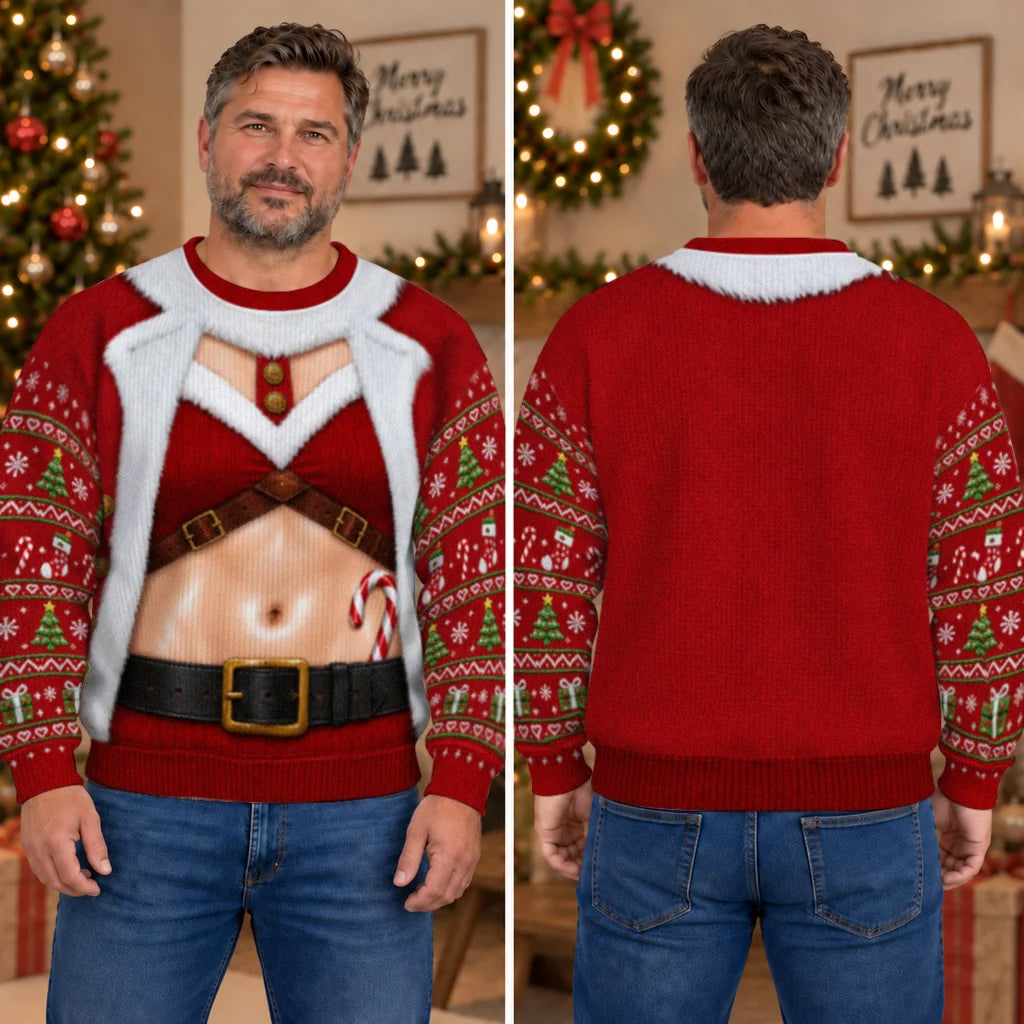 Santa Harness Abs Ugly Christmas Sweater – Funny 3D Illusion Matching Couple Sweatshirt for Men & Women