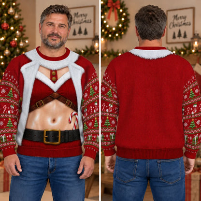 Santa Harness Abs Ugly Christmas Sweater – Funny 3D Illusion Matching Couple Sweatshirt for Men & Women