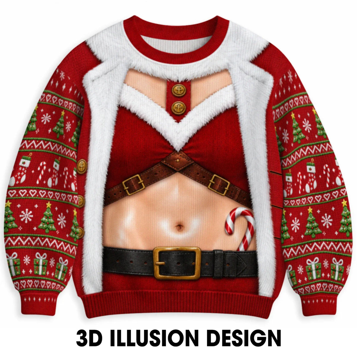 Santa Harness Abs Ugly Christmas Sweater – Funny 3D Illusion Matching Couple Sweatshirt for Men & Women