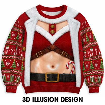 Santa Harness Abs Ugly Christmas Sweater – Funny 3D Illusion Matching Couple Sweatshirt for Men & Women