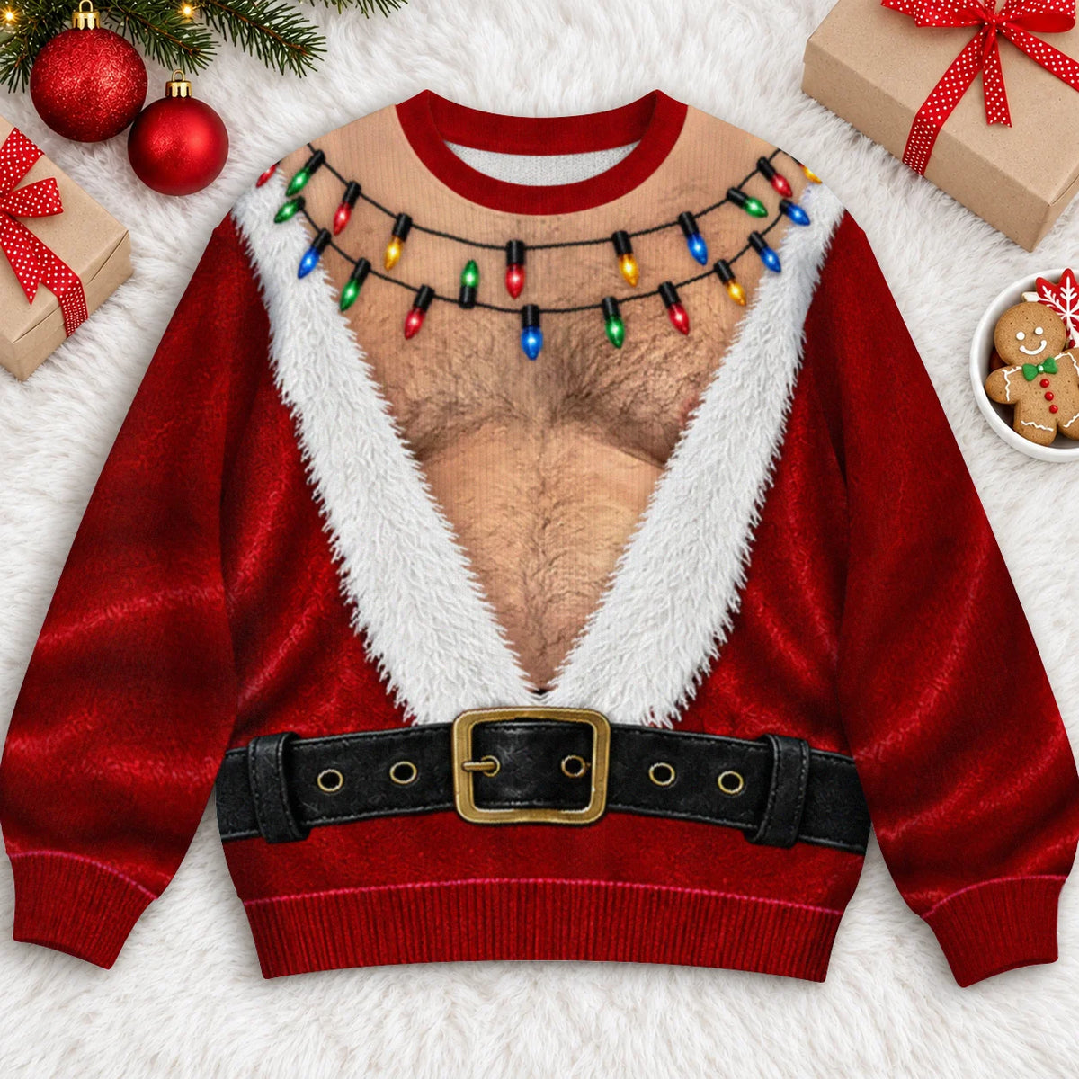 Hairy Chest Santa Suit Ugly Christmas Sweater – Funny 3D Illusion Sweatshirt for Men & Women, Xmas Party Gag Gift