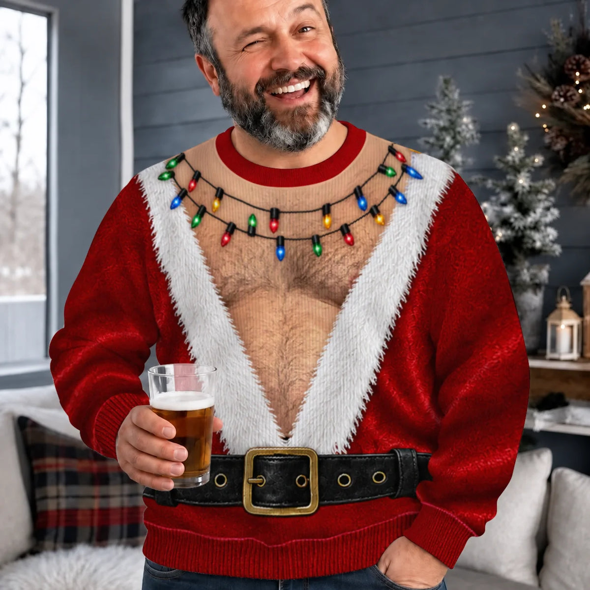 Hairy Chest Santa Suit Ugly Christmas Sweater – Funny 3D Illusion Sweatshirt for Men & Women, Xmas Party Gag Gift