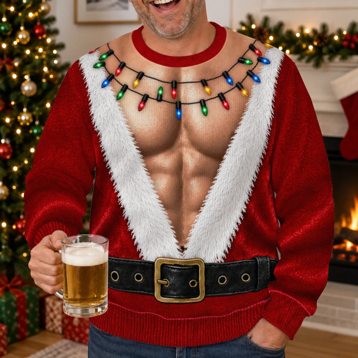 Hairy Chest Santa Suit Ugly Christmas Sweater – Funny 3D Illusion Sweatshirt for Men & Women, Xmas Party Gag Gift