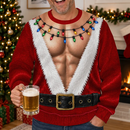 Hairy Chest Santa Suit Ugly Christmas Sweater – Funny 3D Illusion Sweatshirt for Men & Women, Xmas Party Gag Gift
