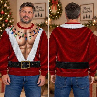 Hairy Chest Santa Suit Ugly Christmas Sweater – Funny 3D Illusion Sweatshirt for Men & Women, Xmas Party Gag Gift