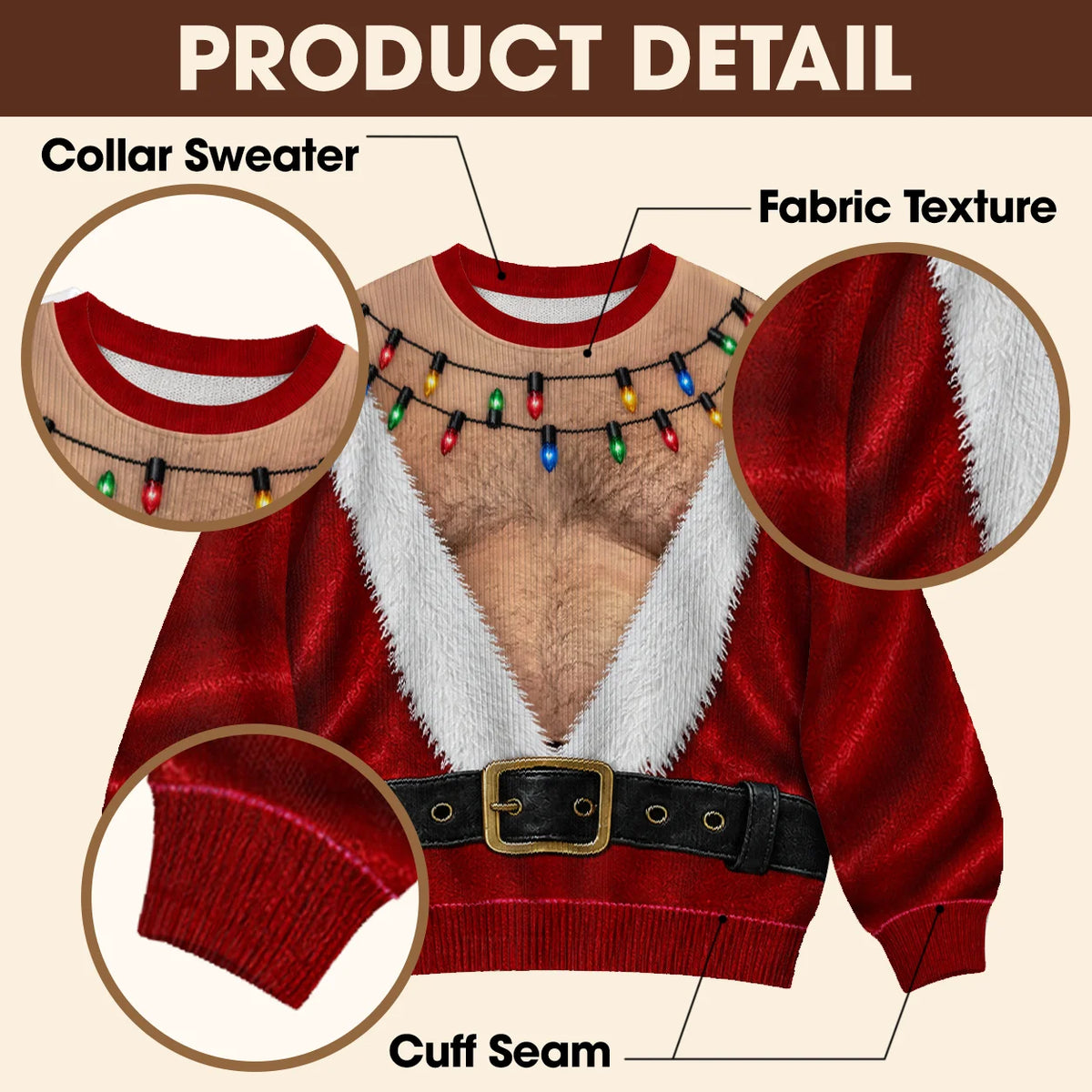 Hairy Chest Santa Suit Ugly Christmas Sweater – Funny 3D Illusion Sweatshirt for Men & Women, Xmas Party Gag Gift