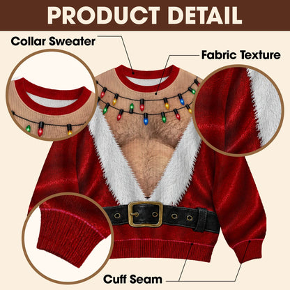 Hairy Chest Santa Suit Ugly Christmas Sweater – Funny 3D Illusion Sweatshirt for Men & Women, Xmas Party Gag Gift