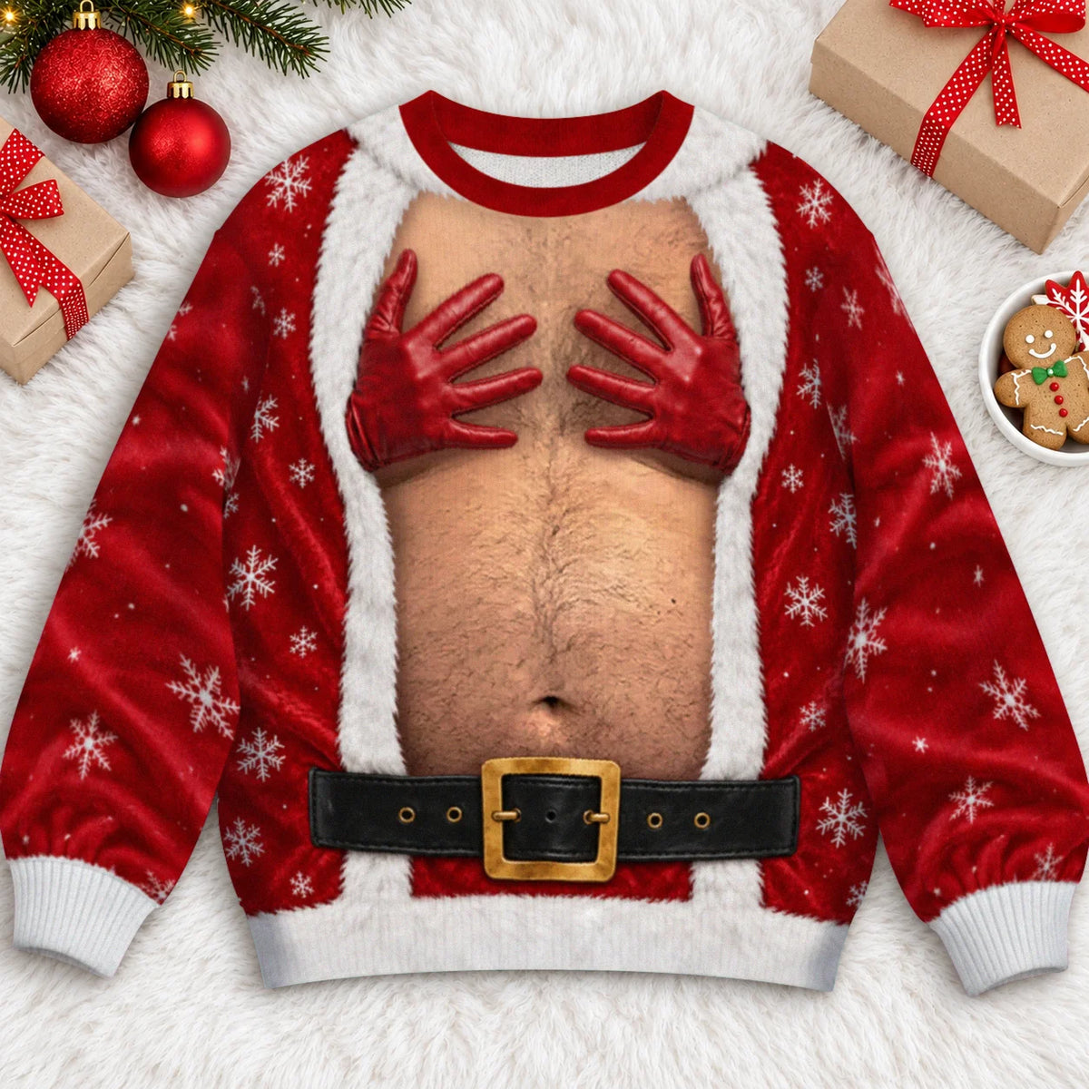 Red Glove Hand Bra Ugly Christmas Sweater – Funny 3D Illusion Matching Couple Sweatshirt for Men & Women