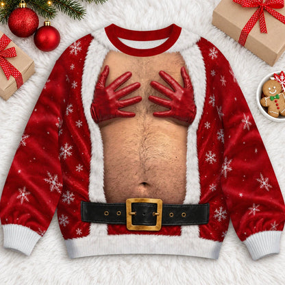 Red Glove Hand Bra Ugly Christmas Sweater – Funny 3D Illusion Matching Couple Sweatshirt for Men & Women