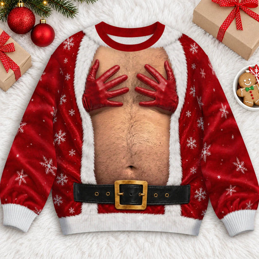 Sweat-shirt de Noël amusant Père Noël gants rouges illusion torse – Cadeau de fête moche pour hommes, femmes et amis