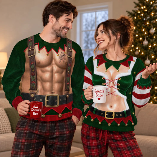 Elf Suspenders & Corset Ugly Christmas Sweater – Funny 3D Illusion Matching Couple Sweatshirt for Men & Women