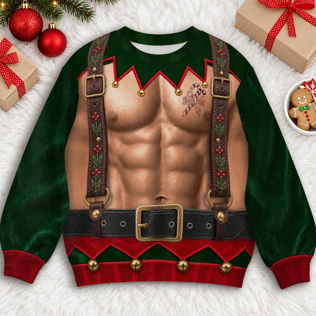 Sweat-shirt illusion 3D drôle avec bretelles d'elfe de Noël et corset à lacets – Cadeau de fête de fin d'année pour hommes et femmes