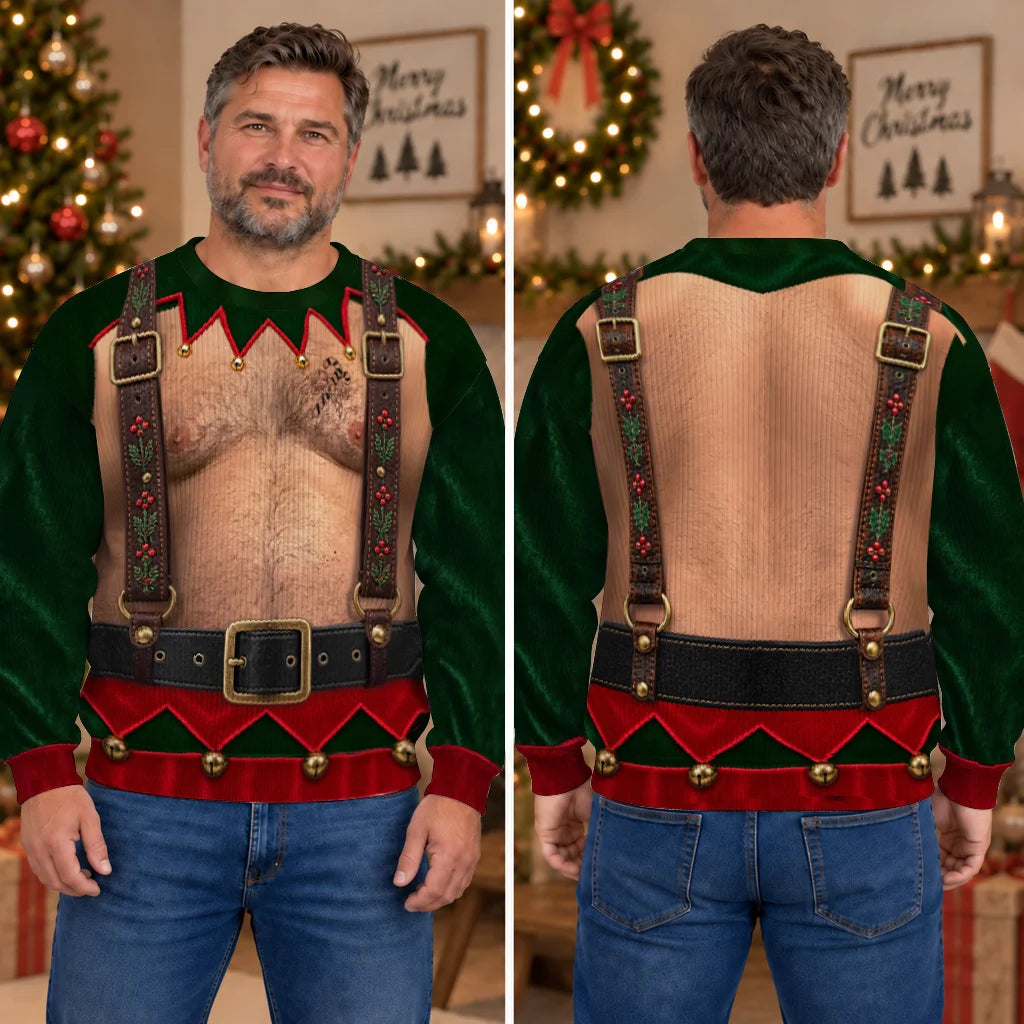 Sweat-shirt illusion 3D drôle avec bretelles d'elfe de Noël et corset à lacets – Cadeau de fête de fin d'année pour hommes et femmes