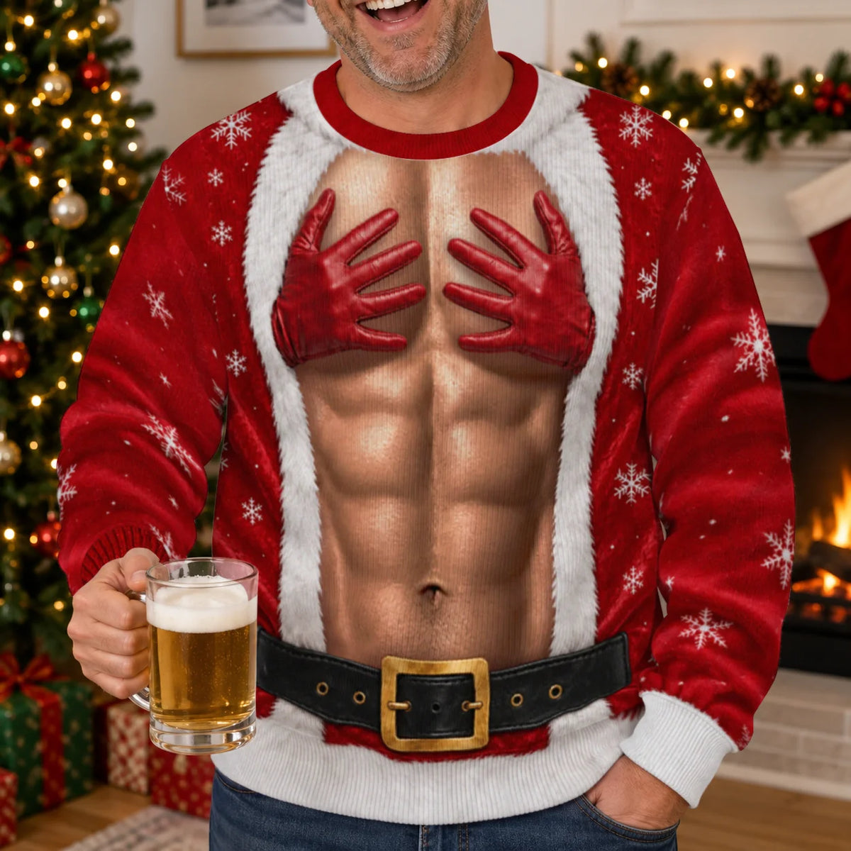 Red Glove Hand Bra Ugly Christmas Sweater – Funny 3D Illusion Matching Couple Sweatshirt for Men & Women