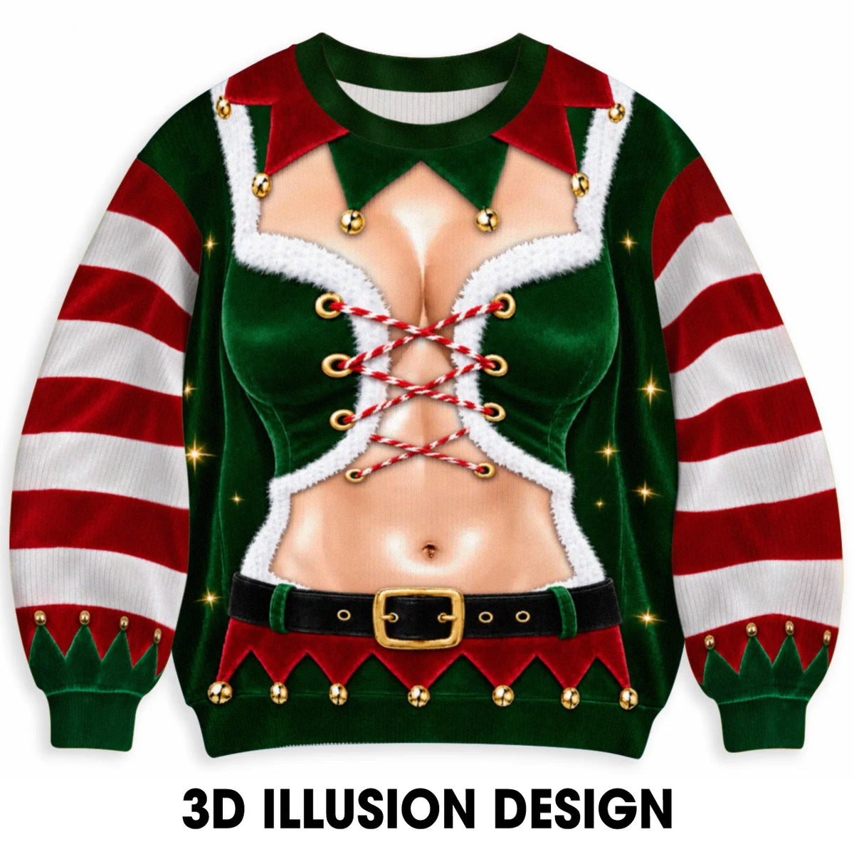 Sweat-shirt illusion 3D drôle avec bretelles d'elfe de Noël et corset à lacets – Cadeau de fête de fin d'année pour hommes et femmes
