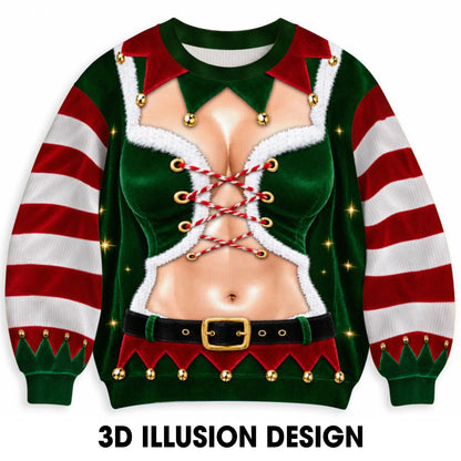 Sweat-shirt illusion 3D drôle avec bretelles d'elfe de Noël et corset à lacets – Cadeau de fête de fin d'année pour hommes et femmes