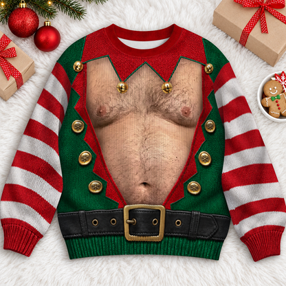 Hairy Chest Elf Ugly Christmas Sweater – Funny 3D Illusion Elf Costume Sweatshirt for Men & Women, Xmas Party Gift