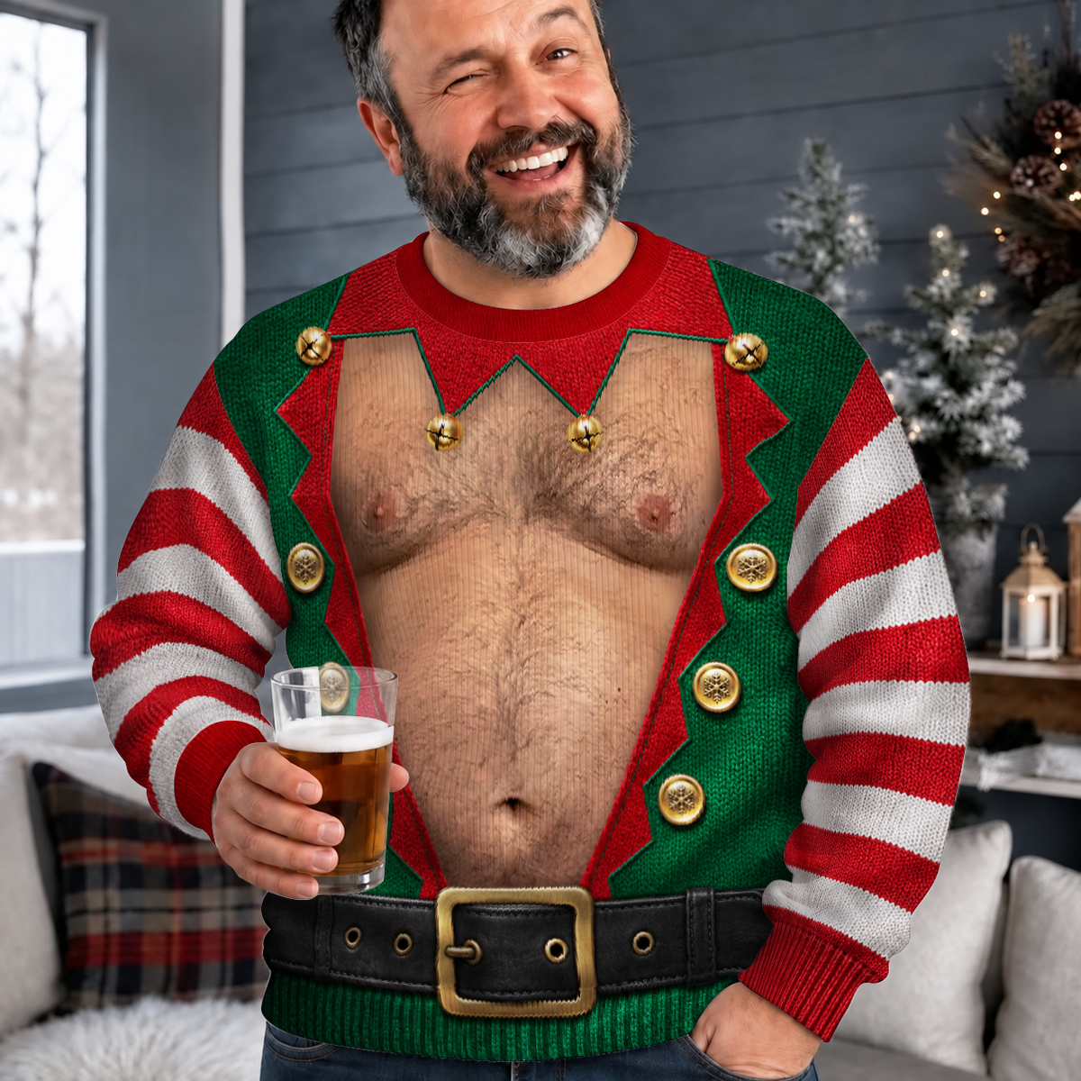 Hairy Chest Elf Ugly Christmas Sweater – Funny 3D Illusion Elf Costume Sweatshirt for Men & Women, Xmas Party Gift