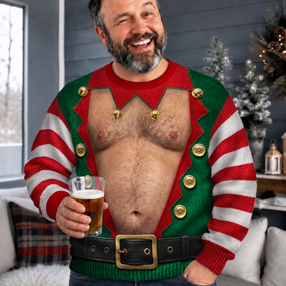 Hairy Chest Elf Ugly Christmas Sweater – Funny 3D Illusion Elf Costume Sweatshirt for Men & Women, Xmas Party Gift