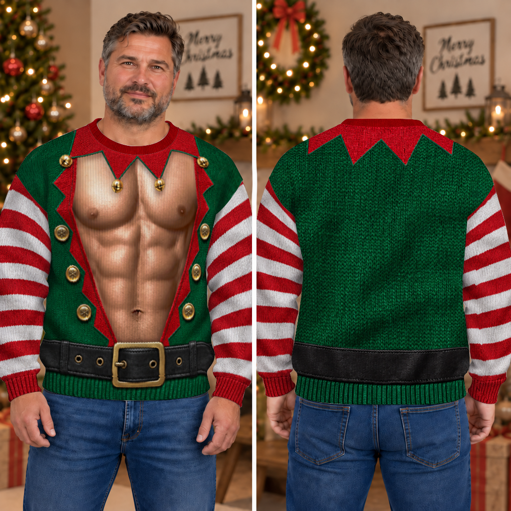Hairy Chest Elf Ugly Christmas Sweater – Funny 3D Illusion Elf Costume Sweatshirt for Men & Women, Xmas Party Gift