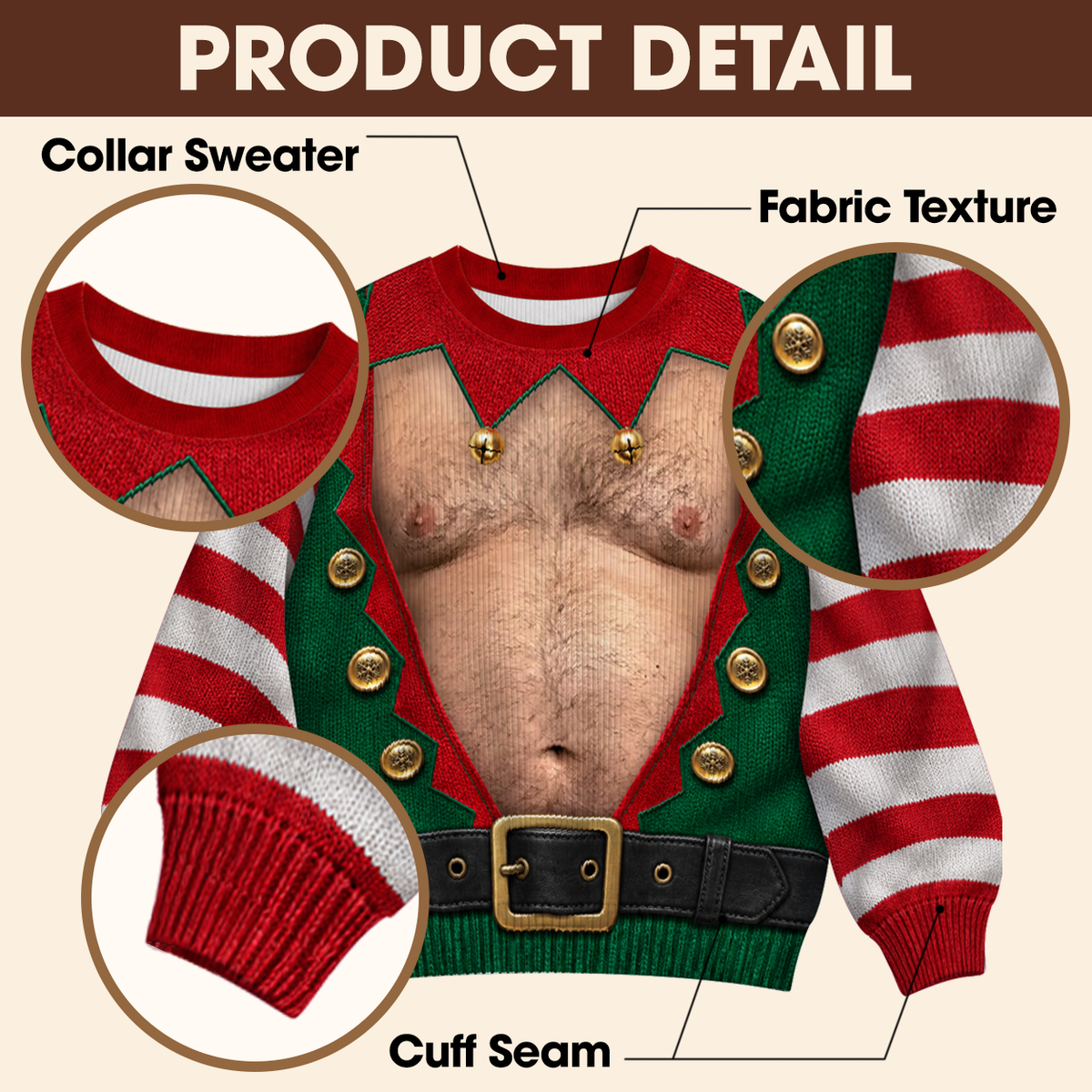 Hairy Chest Elf Ugly Christmas Sweater – Funny 3D Illusion Elf Costume Sweatshirt for Men & Women, Xmas Party Gift