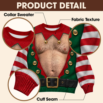 Hairy Chest Elf Ugly Christmas Sweater – Funny 3D Illusion Elf Costume Sweatshirt for Men & Women, Xmas Party Gift
