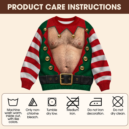 Hairy Chest Elf Ugly Christmas Sweater – Funny 3D Illusion Elf Costume Sweatshirt for Men & Women, Xmas Party Gift