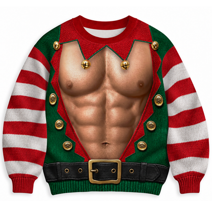 Hairy Chest Elf Ugly Christmas Sweater – Funny 3D Illusion Elf Costume Sweatshirt for Men & Women, Xmas Party Gift