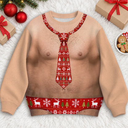Hairy Chest Red Tie Ugly Christmas Sweater – Funny 3D Illusion Office Party Sweatshirt for Men & Women