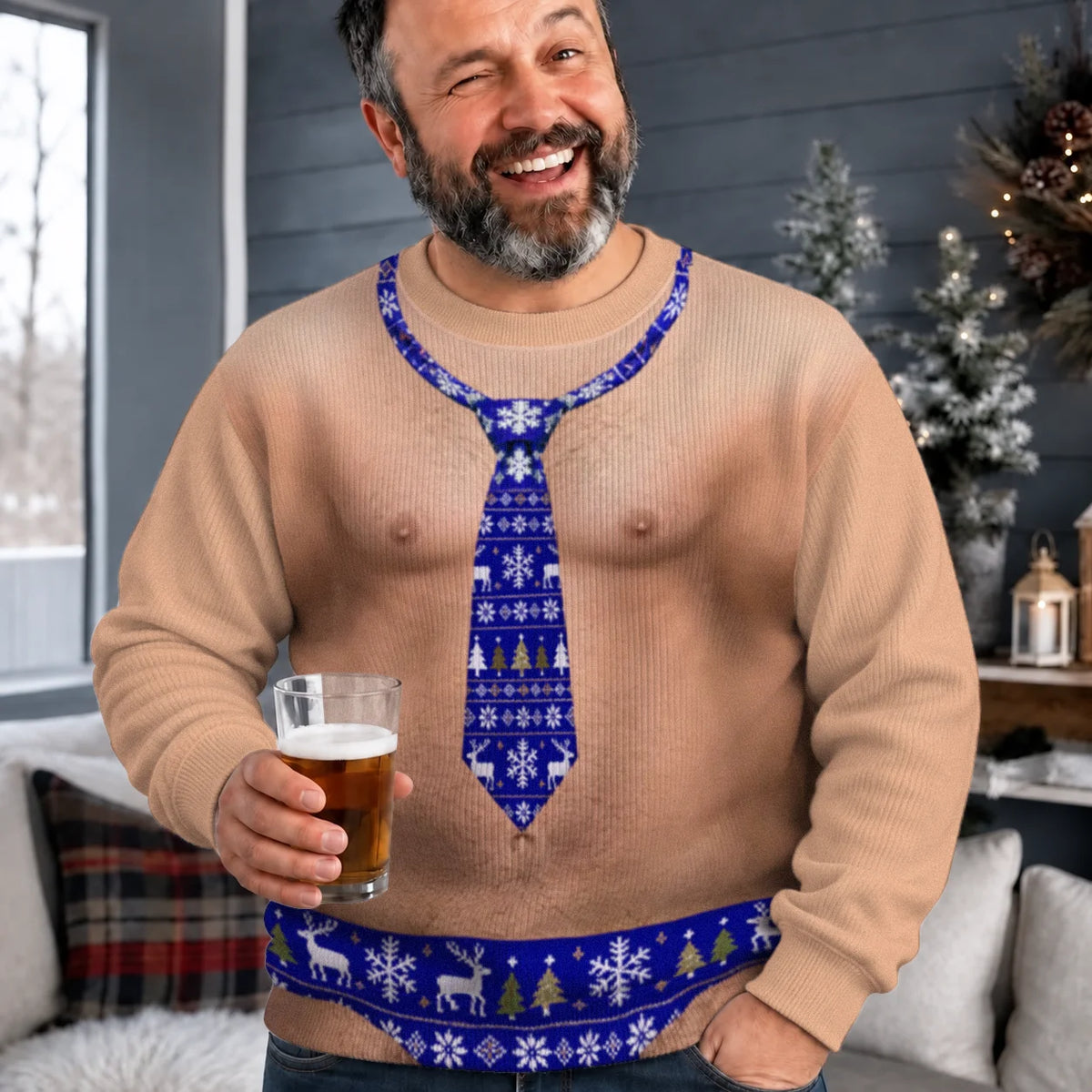 Hairy Chest Red Tie Ugly Christmas Sweater – Funny 3D Illusion Office Party Sweatshirt for Men & Women