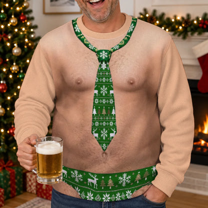 Hairy Chest Red Tie Ugly Christmas Sweater – Funny 3D Illusion Office Party Sweatshirt for Men & Women