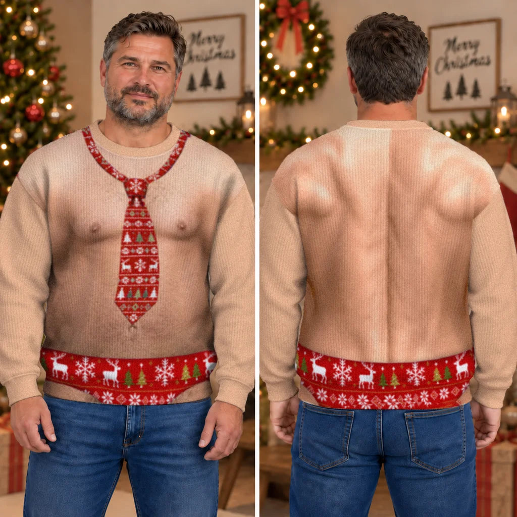 Hairy Chest Red Tie Ugly Christmas Sweater – Funny 3D Illusion Office Party Sweatshirt for Men & Women