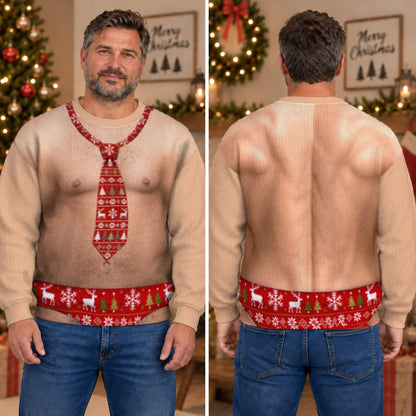 Hairy Chest Red Tie Ugly Christmas Sweater – Funny 3D Illusion Office Party Sweatshirt for Men & Women